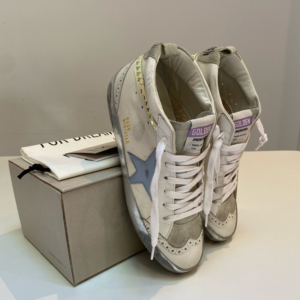 Golden Goose Mid Star Sneaker White Leather/Ice/Blue/Yellow/Metallic sz 38 NIB - Picture 9 of 14